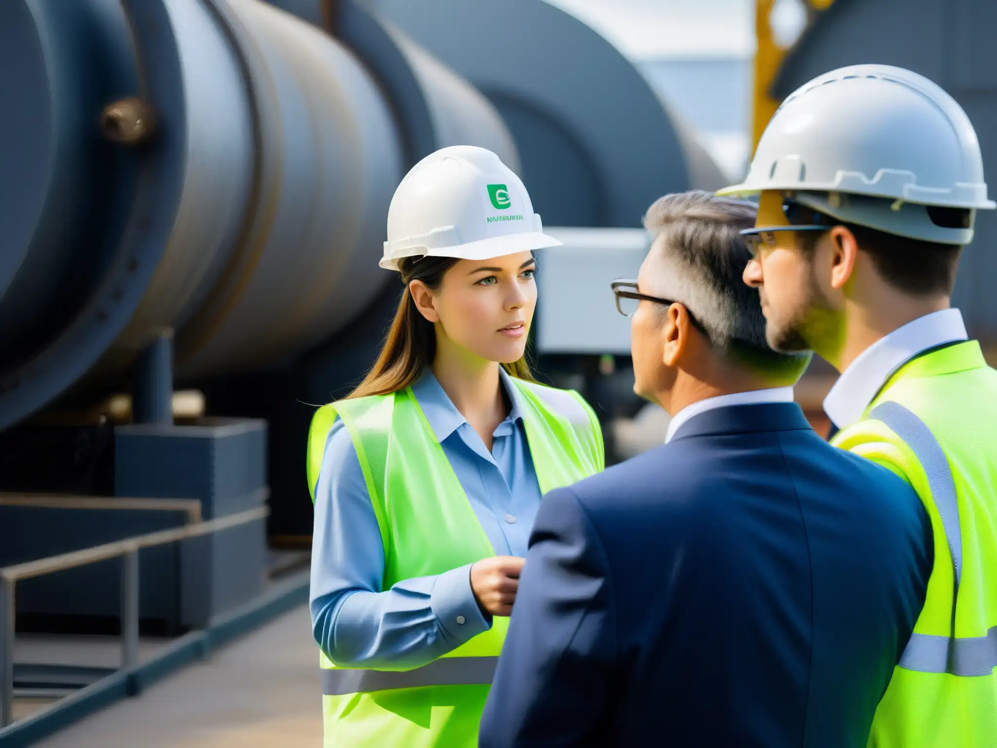 Un equipo de auditores ambientales corporativos inspecciona minuciosamente instalaciones industriales para garantizar la legislación ambiental