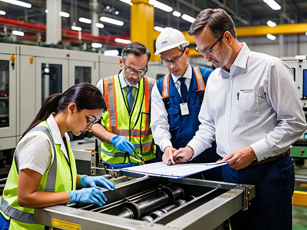 Un equipo de auditores ambientales inspecciona minuciosamente una planta industrial, destacando la importancia de auditorías ambientales corporativas