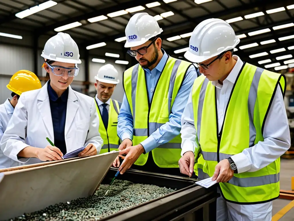 Un equipo de auditores y ingenieros ambientales realizan una inspección detallada en una planta, evaluando el cumplimiento de normas ISO 14001