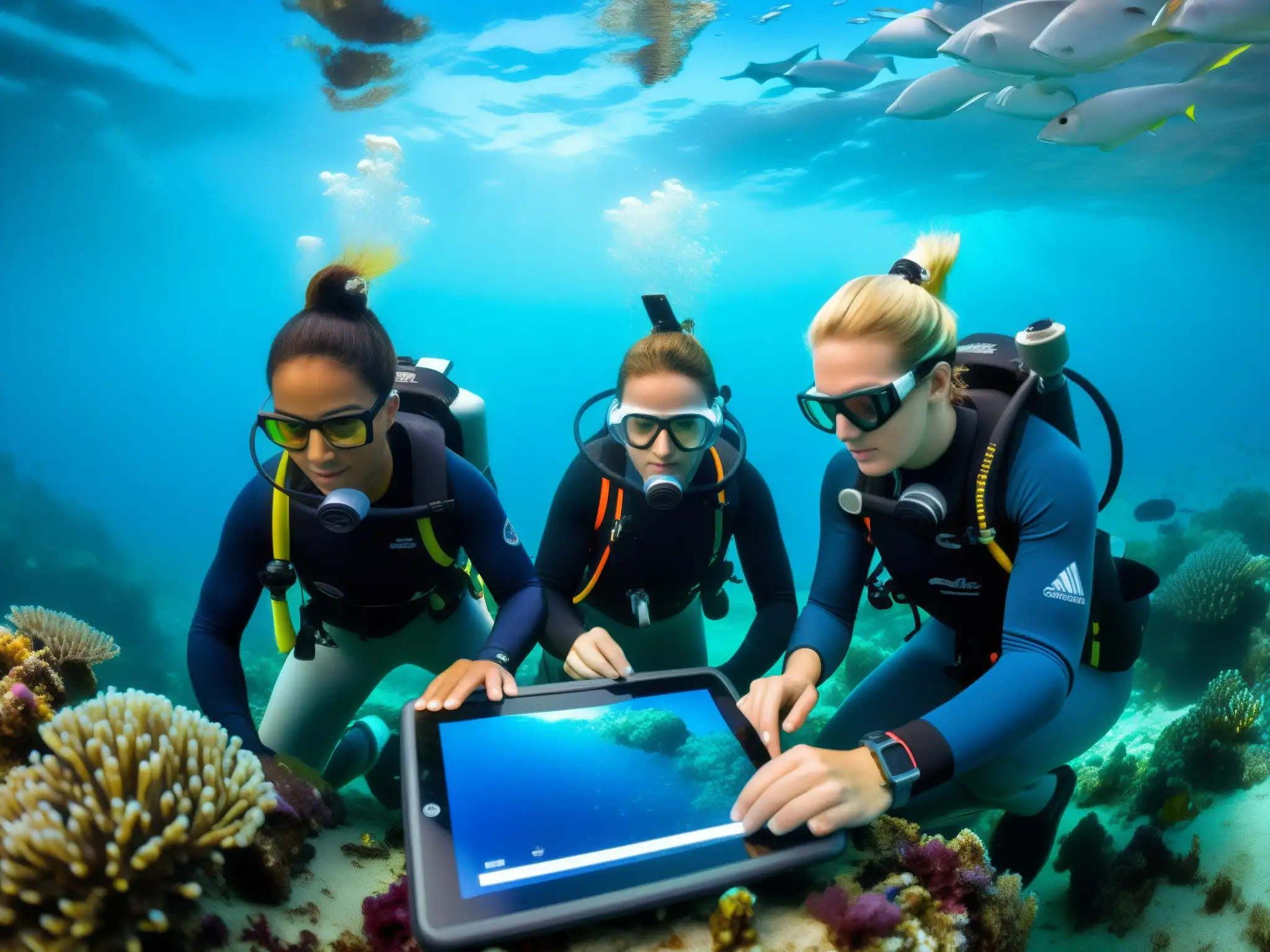 Equipo de biólogos marinos en acción, monitoreando la recuperación de especies en zonas pesqueras