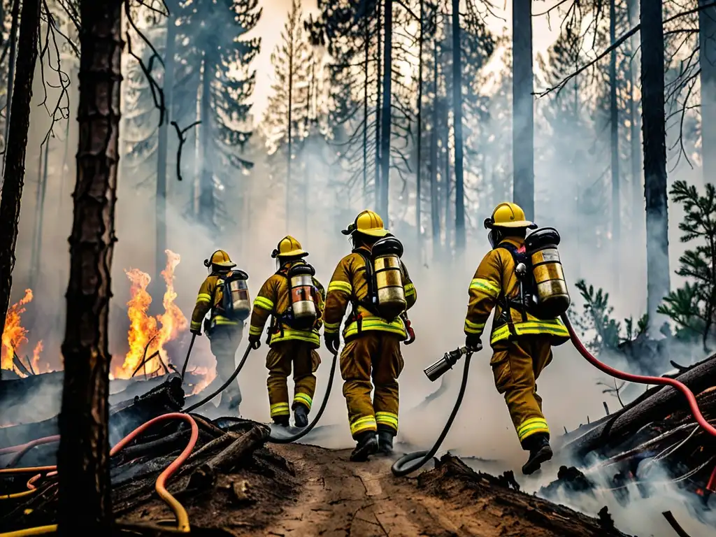 Equipo de bomberos combatiendo incendio forestal Equipo de bomberos en acción, luchando contra incendios en el bosque