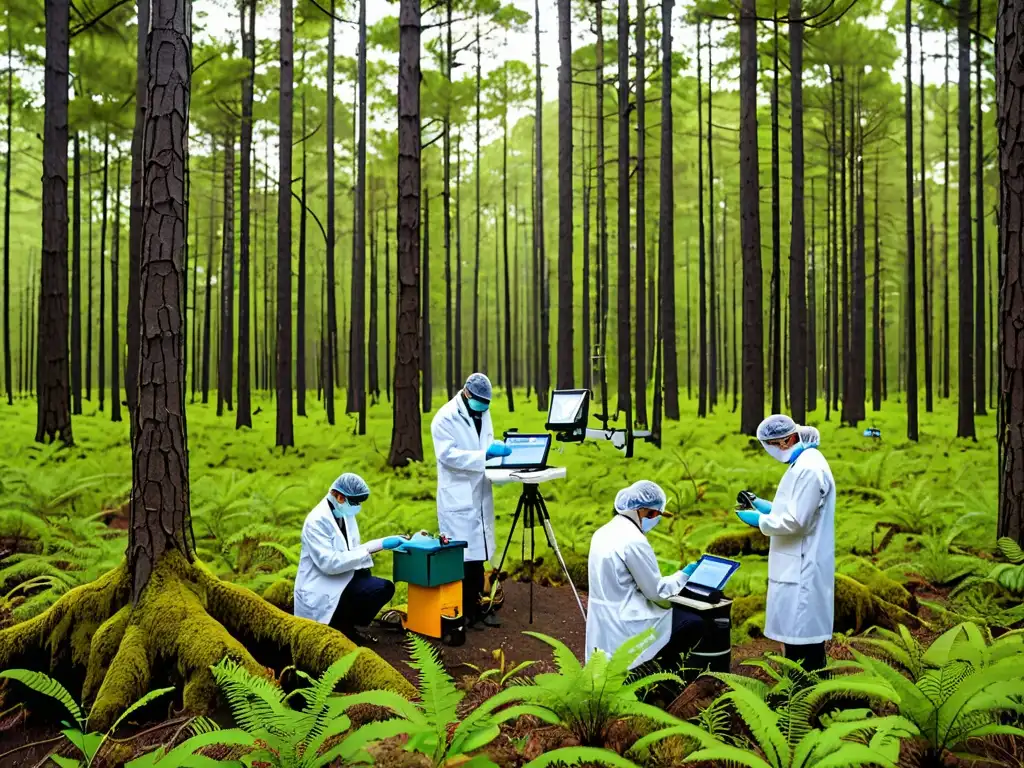 Expertos en Acción: Monitoreo Ambiental en Bosque Biodiverso Un equipo de científicos en abrigos blancos realiza monitoreo ambiental en un exuberante bosque biodiverso con equipos de alta tecnología