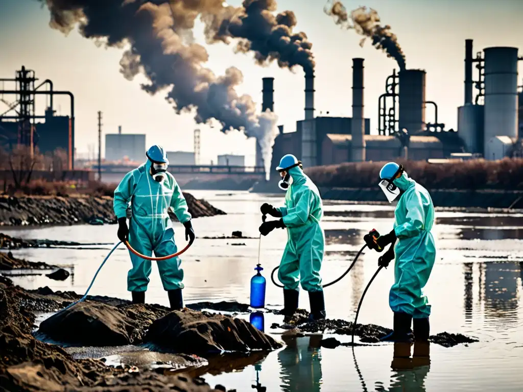 Equipo de científicos ambientales analizando agua contaminada cerca de fábricas emitiendo humo