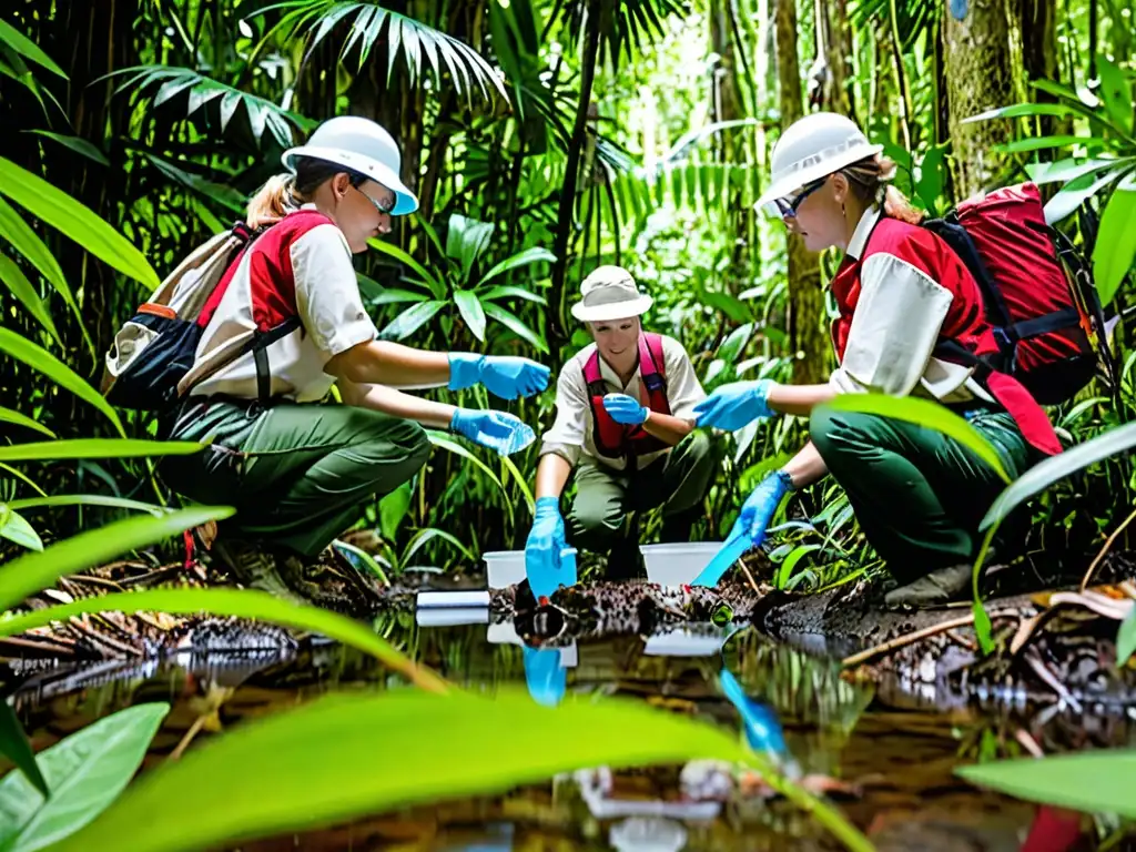 Equipo de científicos ambientales realizando investigación de campo en un exuberante y biodiverso bosque lluvioso