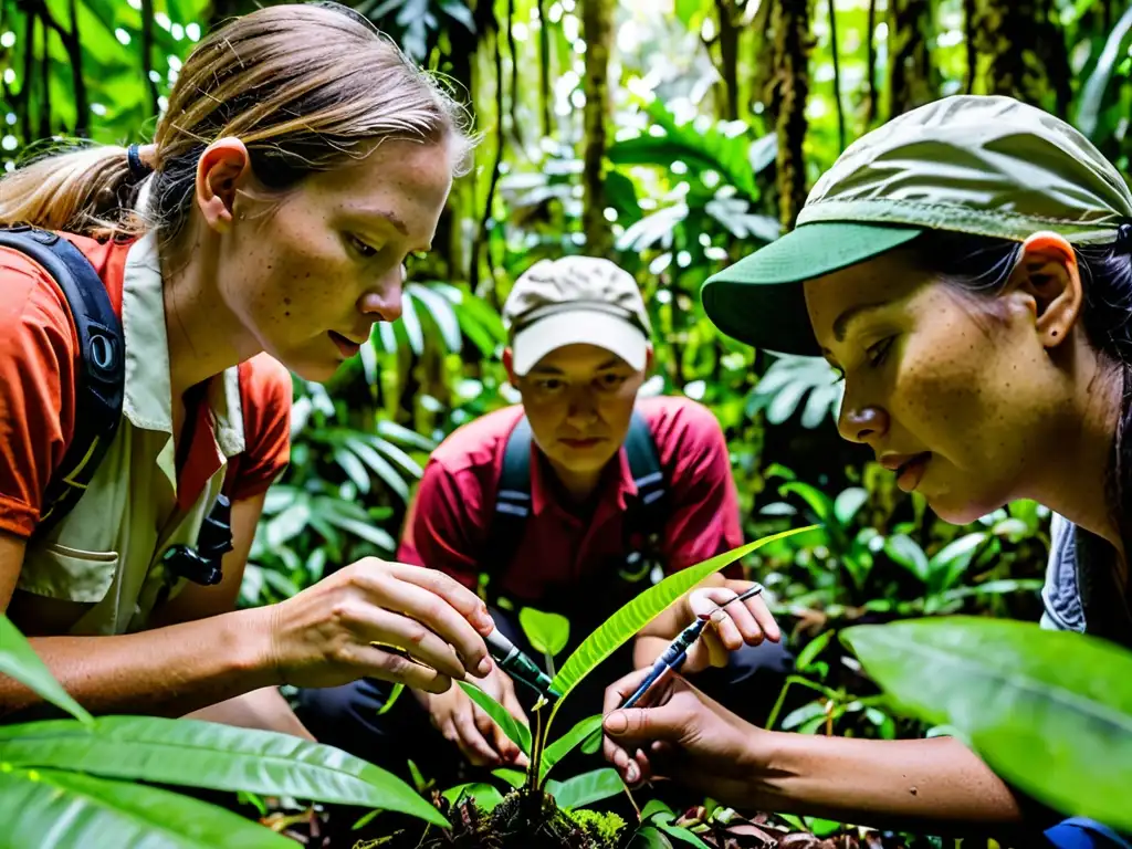 Un equipo de científicos ambientales realiza evaluaciones de impacto ambiental en una exuberante selva, garantizando sostenibilidad