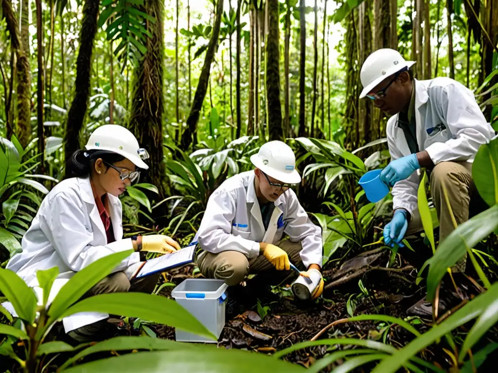 Un equipo de científicos ambientales realiza investigación en una exuberante selva lluviosa, recopilando muestras y documentando especies