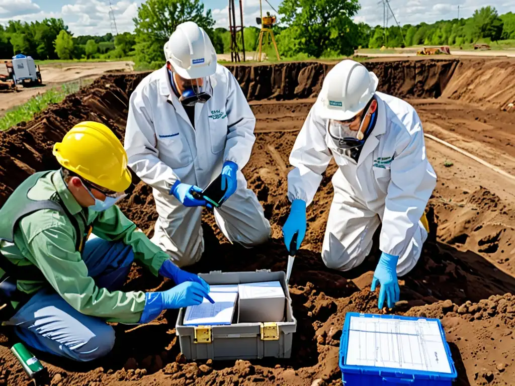 Un equipo de científicos ambientales en un sitio contaminado, realizando muestreos de suelo y agua