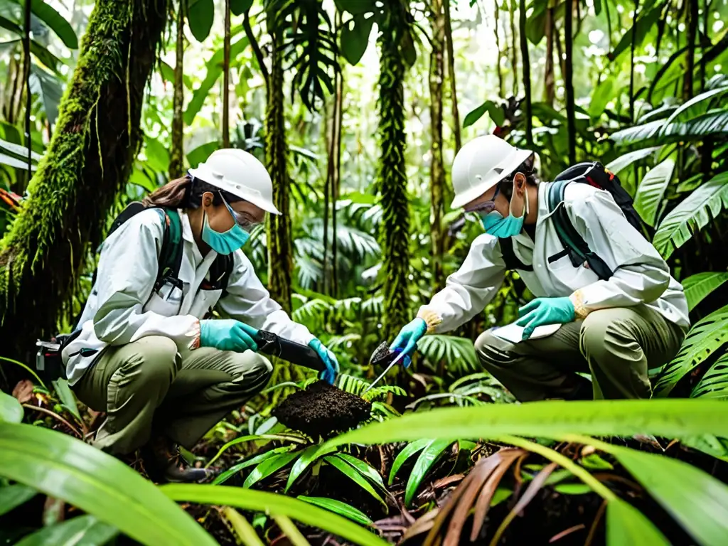 Equipo de científicos ambientales garantizando sostenibilidad en evaluaciones de impacto ambiental en la exuberante selva tropical