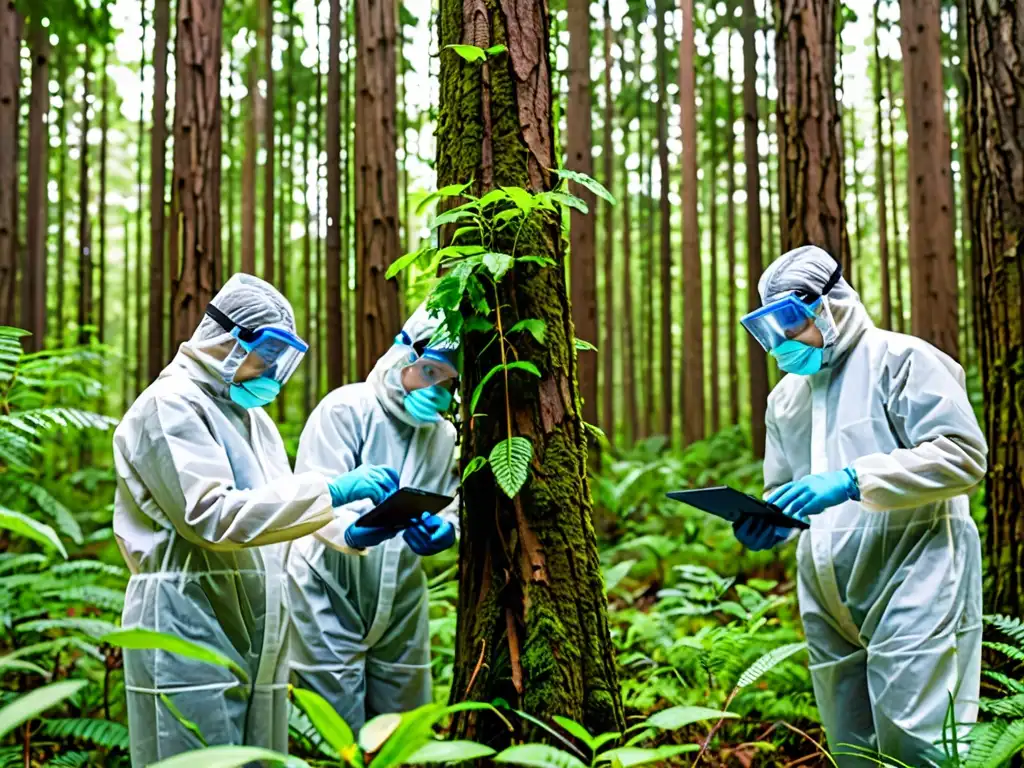 Un equipo de científicos en un bosque, recolectando datos de árboles genéticamente modificados