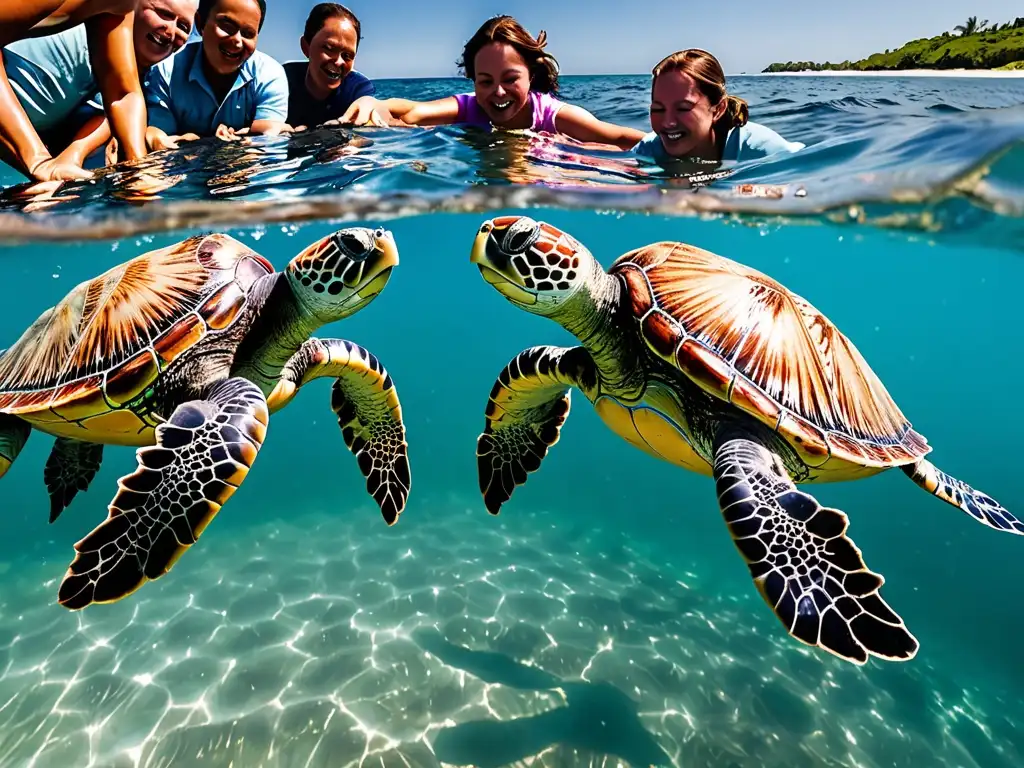 Un equipo de científicos y conservacionistas liberan con cuidado tortugas marinas rehabilitadas al océano, en una escena llena de esperanza y gratitud por la naturaleza