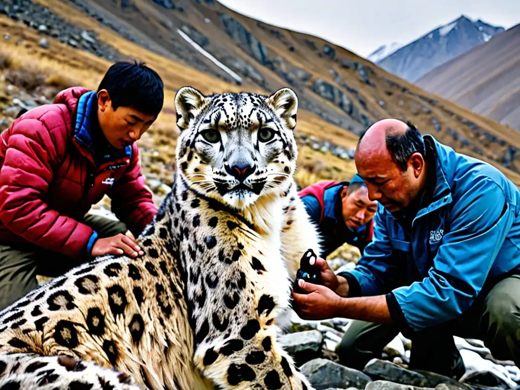 Equipo científico colocando dispositivo de rastreo en leopardo de nieve en peligro Un equipo de científicos coloca con cuidado un dispositivo de rastreo en el majestuoso leopardo de las nieves en Asia Central