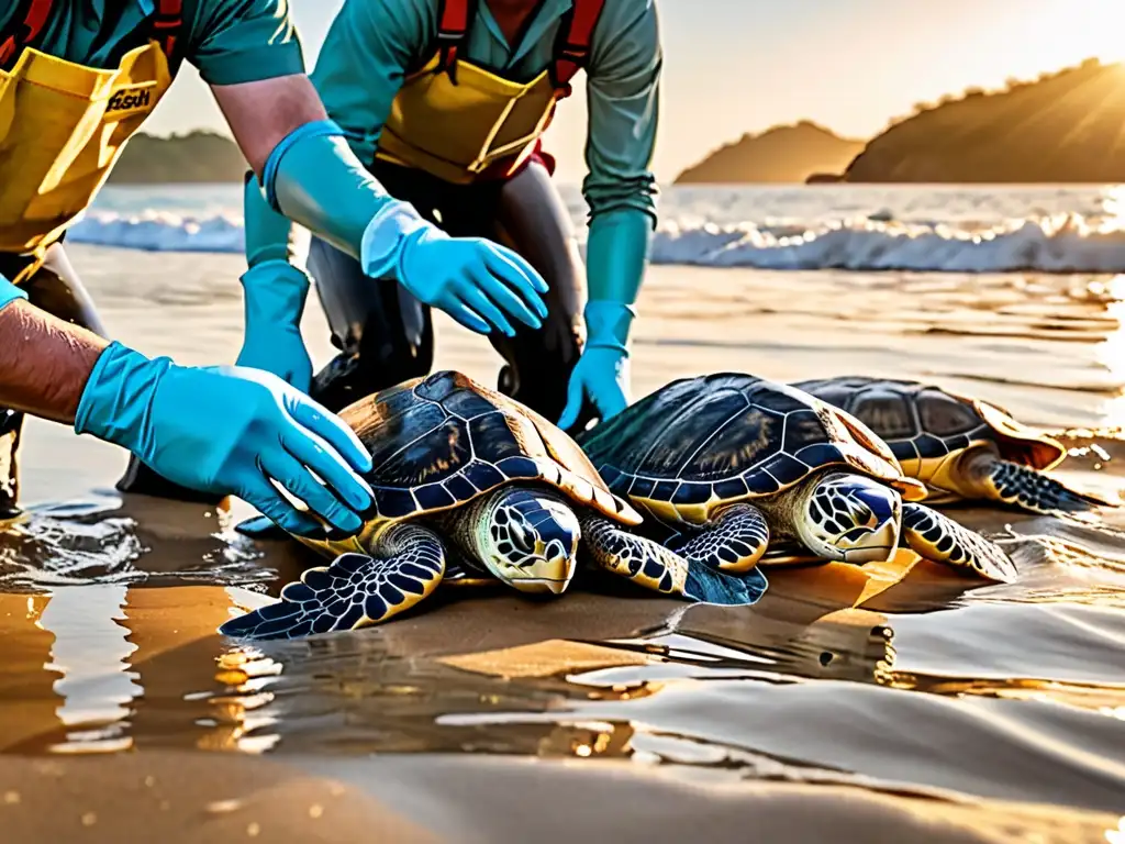 Equipo de científicos liberando con cuidado tortugas marinas rehabilitadas al amanecer