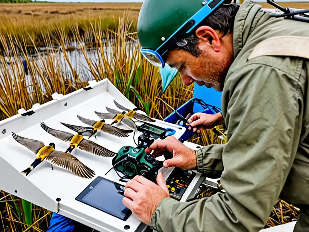 Equipo de científicos colocando dispositivos de seguimiento en aves migratorias, demostrando la efectividad de los acuerdos internacionales en la conservación de especies migratorias en un humedal amplio y abierto