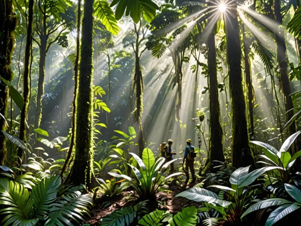 Equipo de científicos investigando en la exuberante selva, resaltando la importancia de la comunidad científica en leyes ambientales