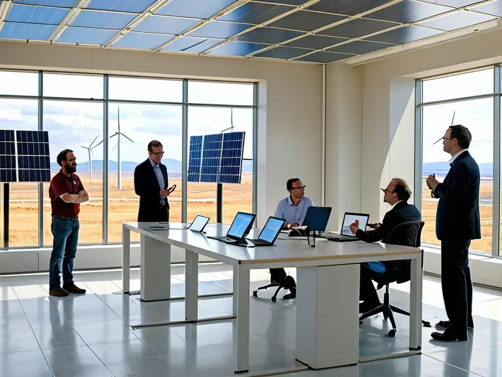 Equipo de científicos y ingenieros en centro de investigación de energías renovables, discutiendo datos en monitores de alta resolución