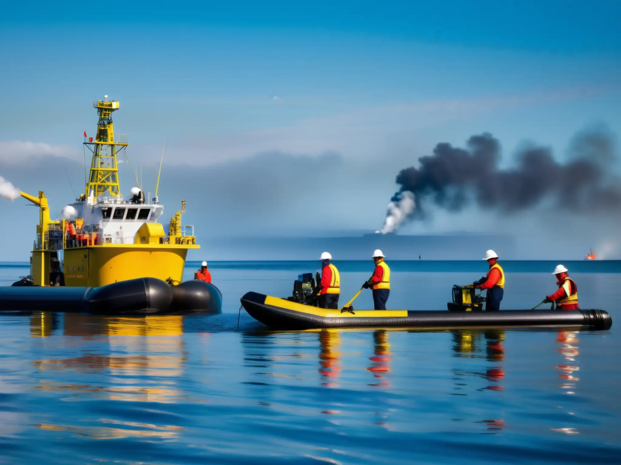 Un equipo de científicos y ingenieros coordinados en una simulación de respuesta a un derrame de petróleo en la costa