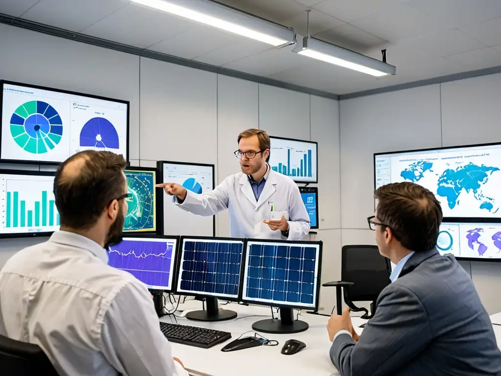 Equipo de científicos en laboratorio moderno, analizando datos sobre transición hacia economía baja carbono