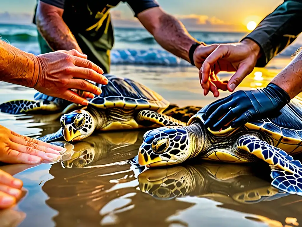 Equipo de científicos liberando tortugas marinas al atardecer, restauración de especies mediante leyes ambientales