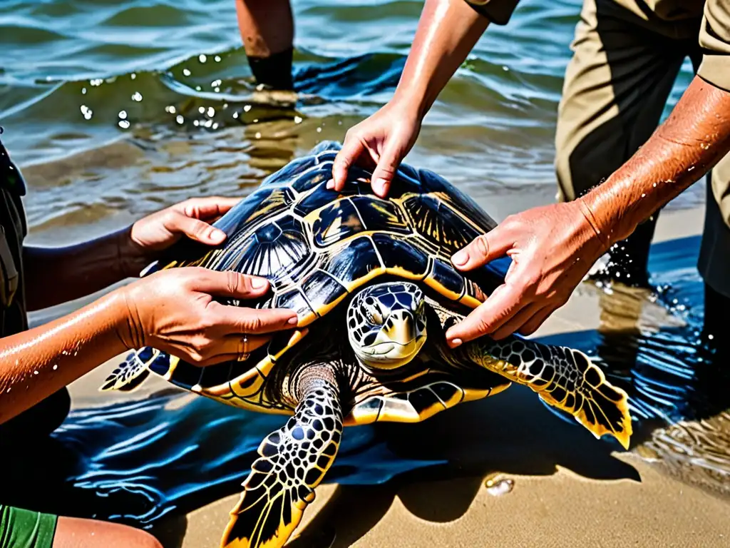 Emotiva liberación de tortugas marinas por conservacionistas Un equipo de conservacionistas libera con cuidado tortugas marinas rehabilitadas en el océano, demostrando la importancia de las medidas globales para proteger especies