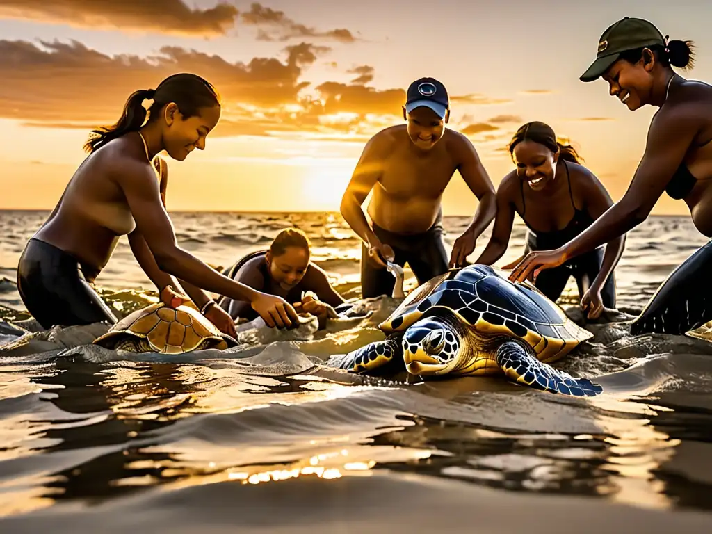 Un equipo de conservacionistas libera con cuidado tortugas marinas rehabilitadas al océano al atardecer, evocando la restauración de especies mediante leyes ambientales