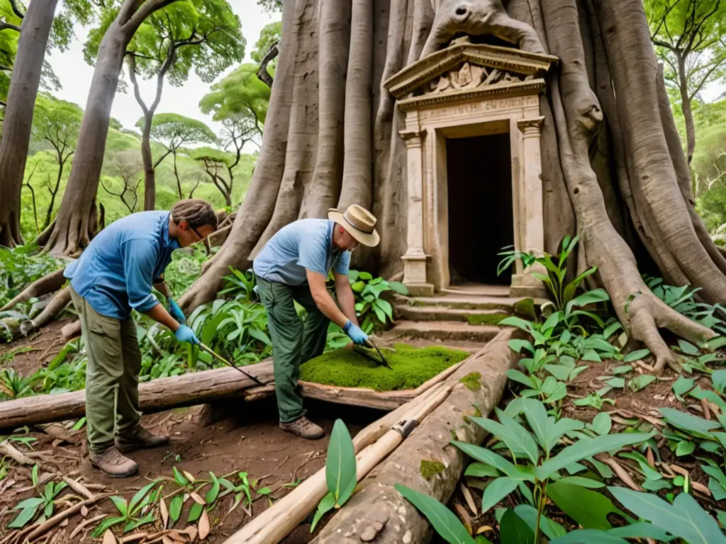 Un equipo de conservacionistas restaurando con precisión un sitio natural histórico, rodeado de exuberante vegetación