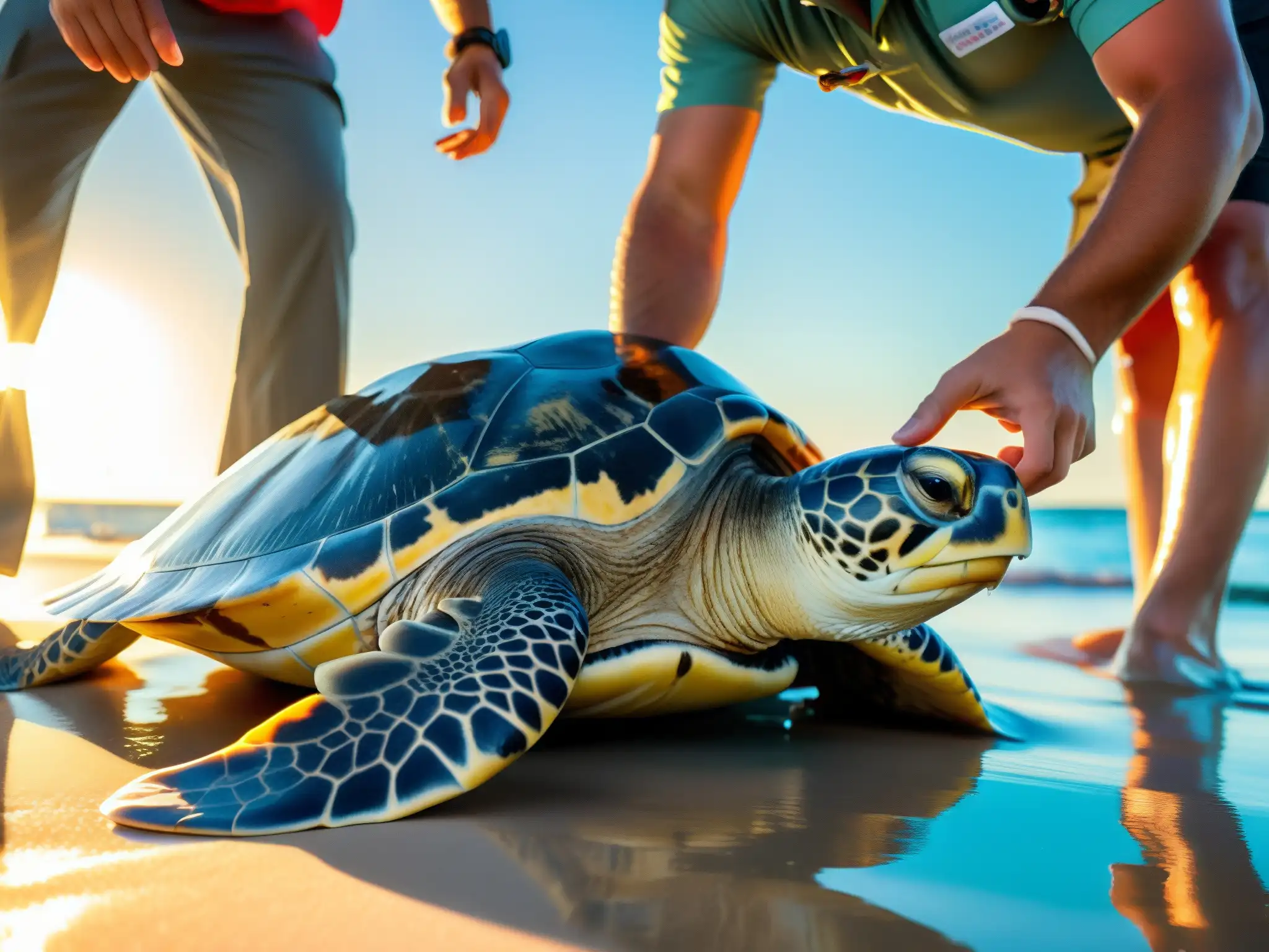 Reintroducción de una tortuga marina rehabilitada: el regreso a casa Equipo de conservacionistas liberando cuidadosamente una tortuga marina rehabilitada al océano, reflejando el compromiso en las medidas globales para proteger especies en peligro