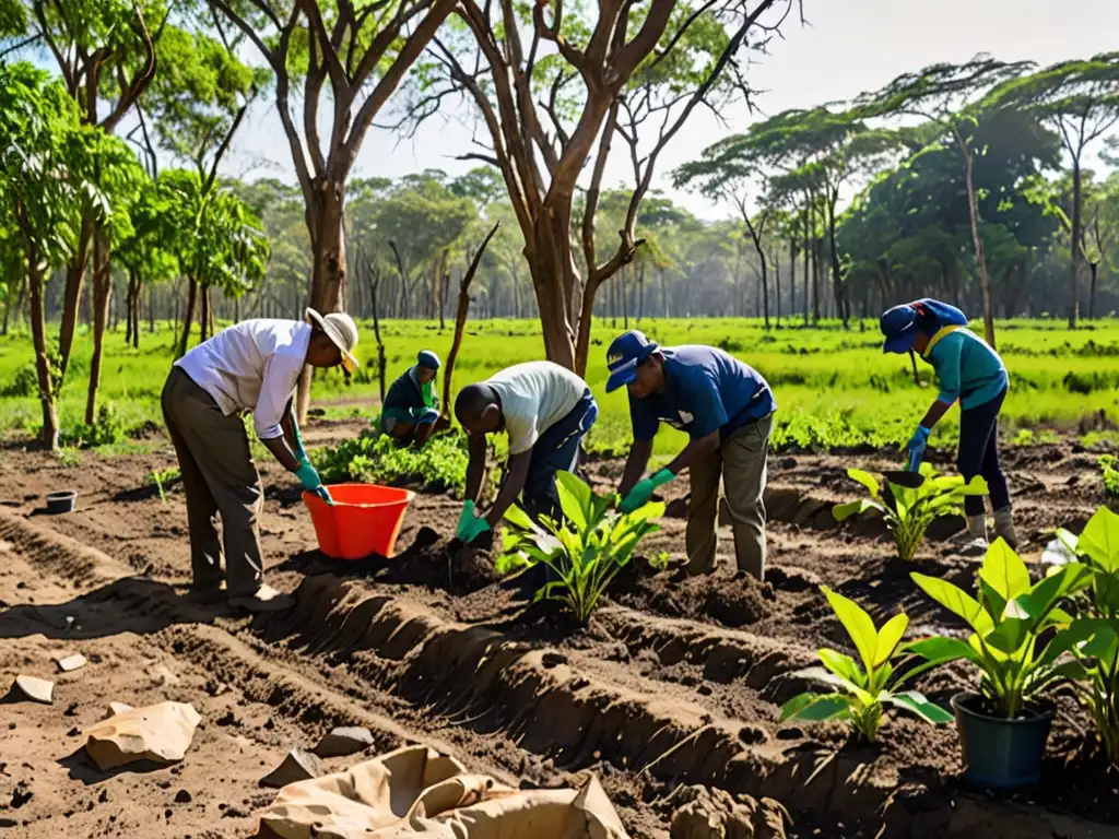 Equipo de conservacionistas y voluntarios plantando árboles nativos en un ecosistema degradado, bajo el marco legal para restauración ecosistemas