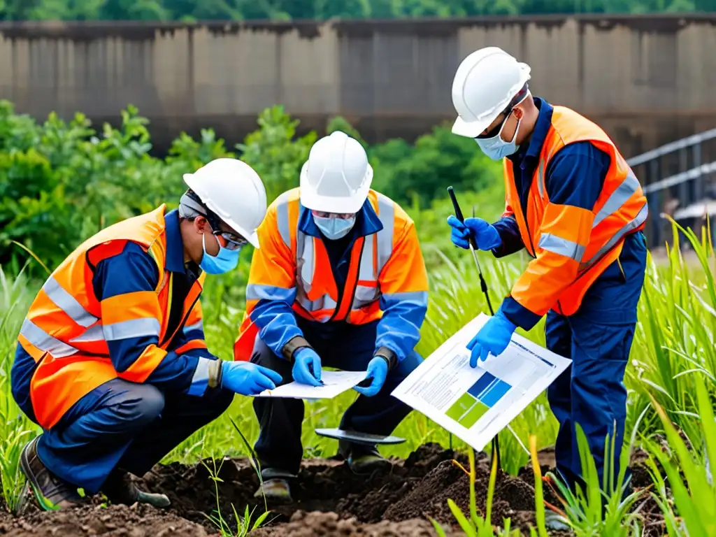 Equipo de consultores ambientales inspeccionando un sitio corporativo, gestionando riesgos legales en inversiones corporativas