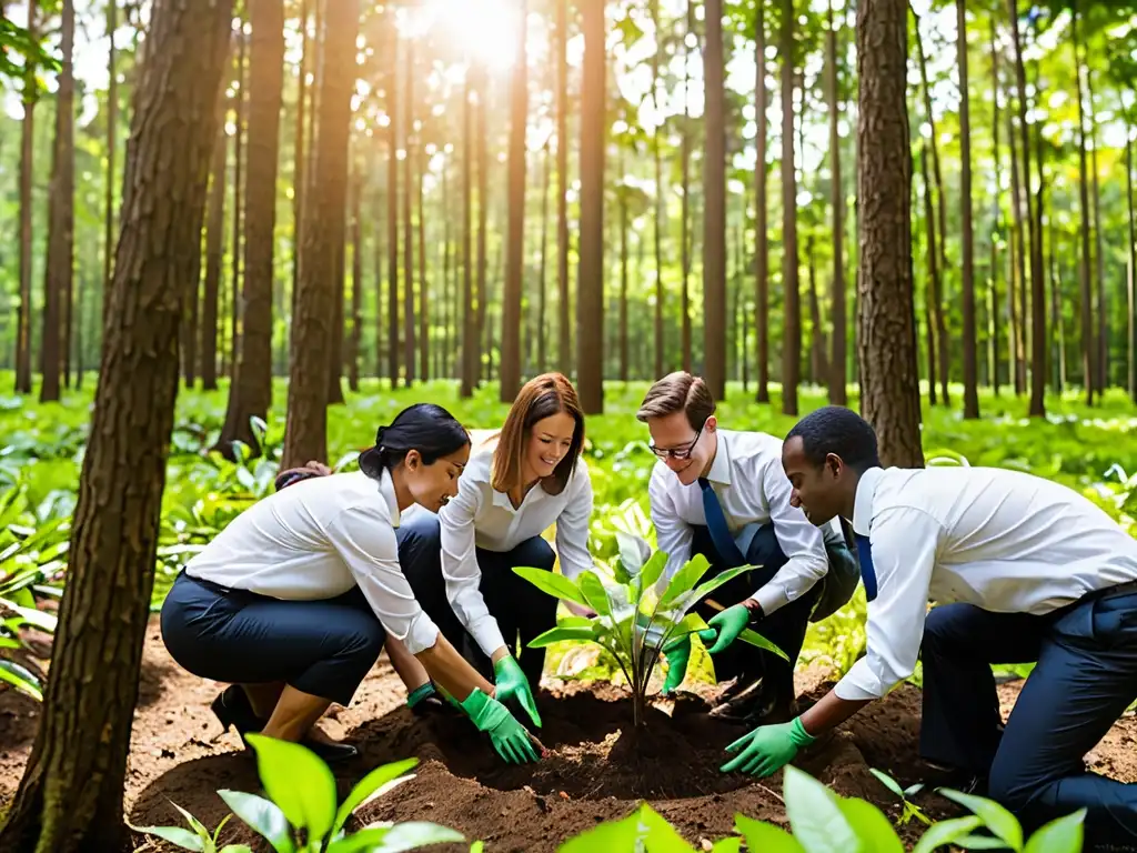 Equipo corporativo en entrenamiento gestión ambiental cumplimiento legal, plantando árboles en un bosque exuberante