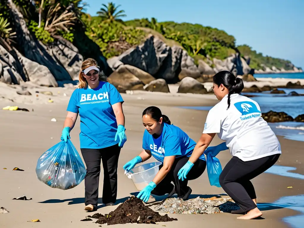 Equipo corporativo limpia la playa, demostrando ética corporativa y compromiso con el medio ambiente