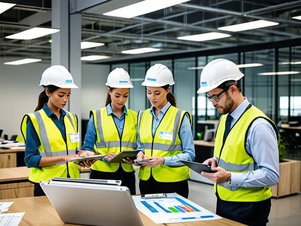 Equipo corporativo en uniformes ecológicos realiza auditoría de residuos en oficina moderna, fomentando la compliance ambiental operaciones corporativas