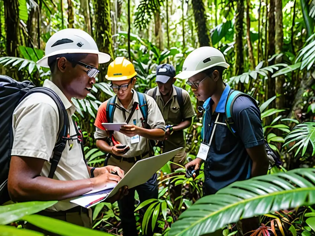 Un equipo diverso de científicos y ingenieros ambientales realizando evaluación ambiental en una exuberante selva