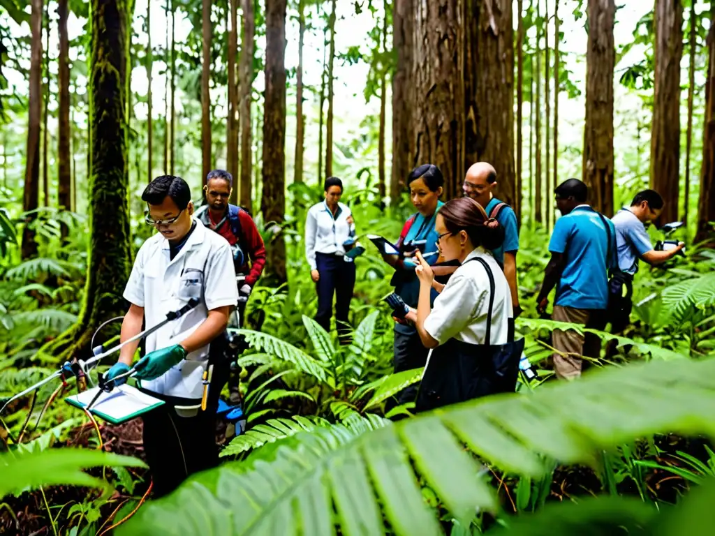 Un equipo diverso de científicos y investigadores realiza mediciones en un exuberante bosque verde