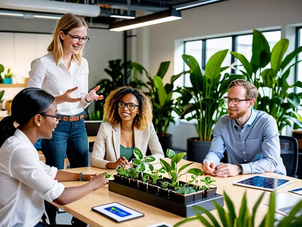 Un equipo diverso de emprendedores colabora en un espacio de oficina moderno, desarrollando proyectos innovadores de tecnología verde