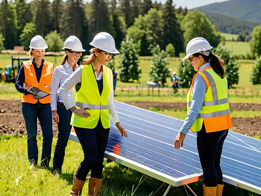 Un equipo diverso de ingenieras y técnicas instalan paneles solares en un campo soleado, mostrando igualdad de género en energía renovable