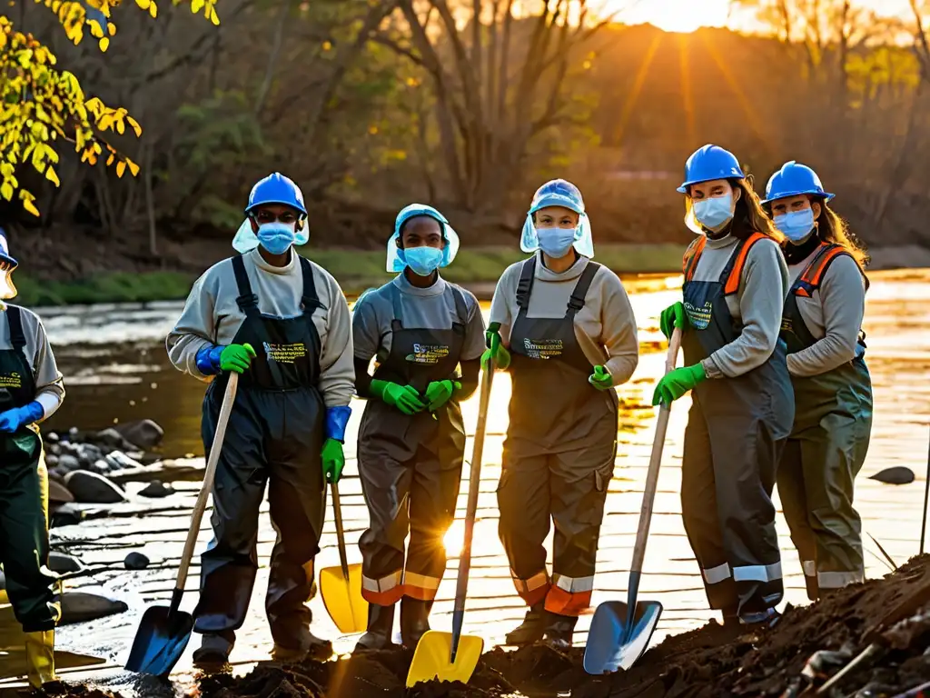 Un equipo diverso limpia una orilla contaminada al atardecer, simbolizando el esfuerzo colectivo frente al cambio climático