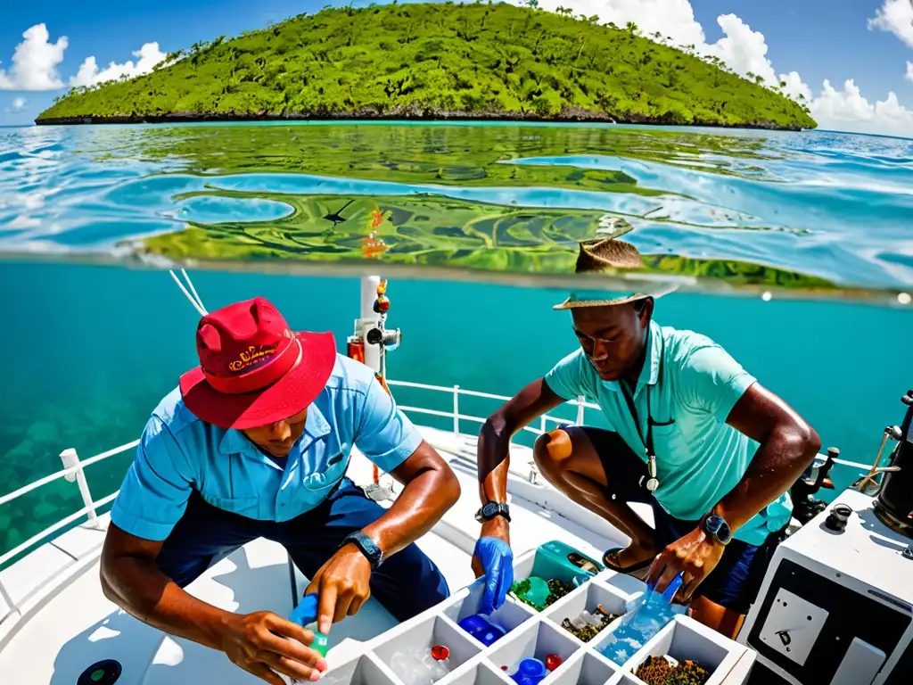 Un equipo diverso de biólogos marinos y científicos ambientales trabajando juntos en un barco de investigación en el Caribe, abordando desafíos y respuestas de la legislación ambiental