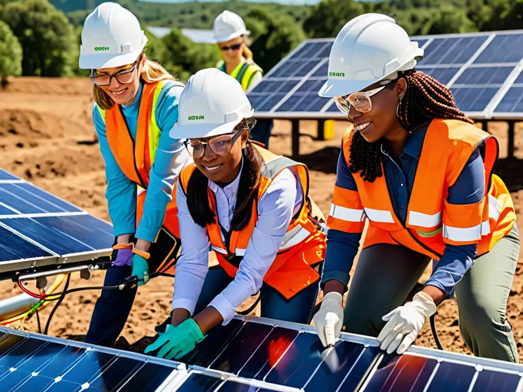 Un equipo diverso de mujeres instalando paneles solares, destacando la importancia de las políticas de igualdad de género en energía renovable