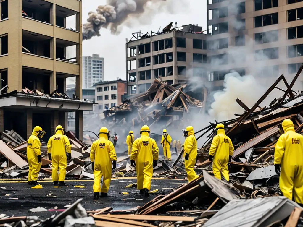 Equipo de emergencia en trajes amarillos en medio de desastre urbano