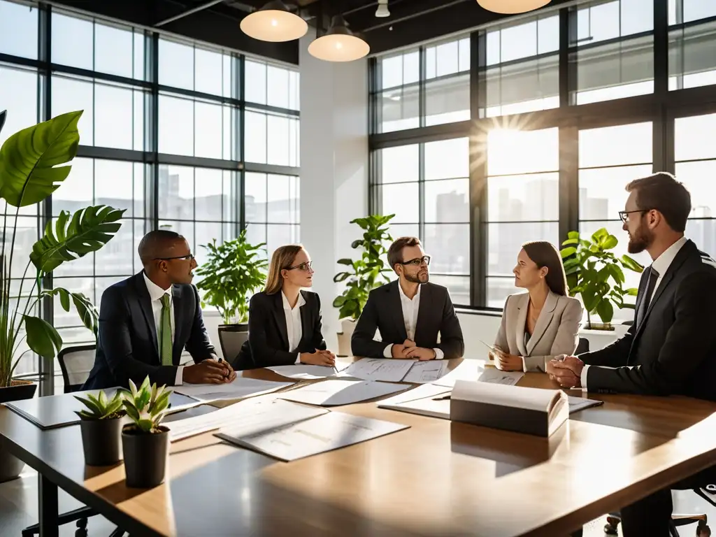 Un equipo de empleados corporativos discuten ética corporativa y gestión sostenible en una oficina moderna y ecológica, con luz natural y diseño sostenible