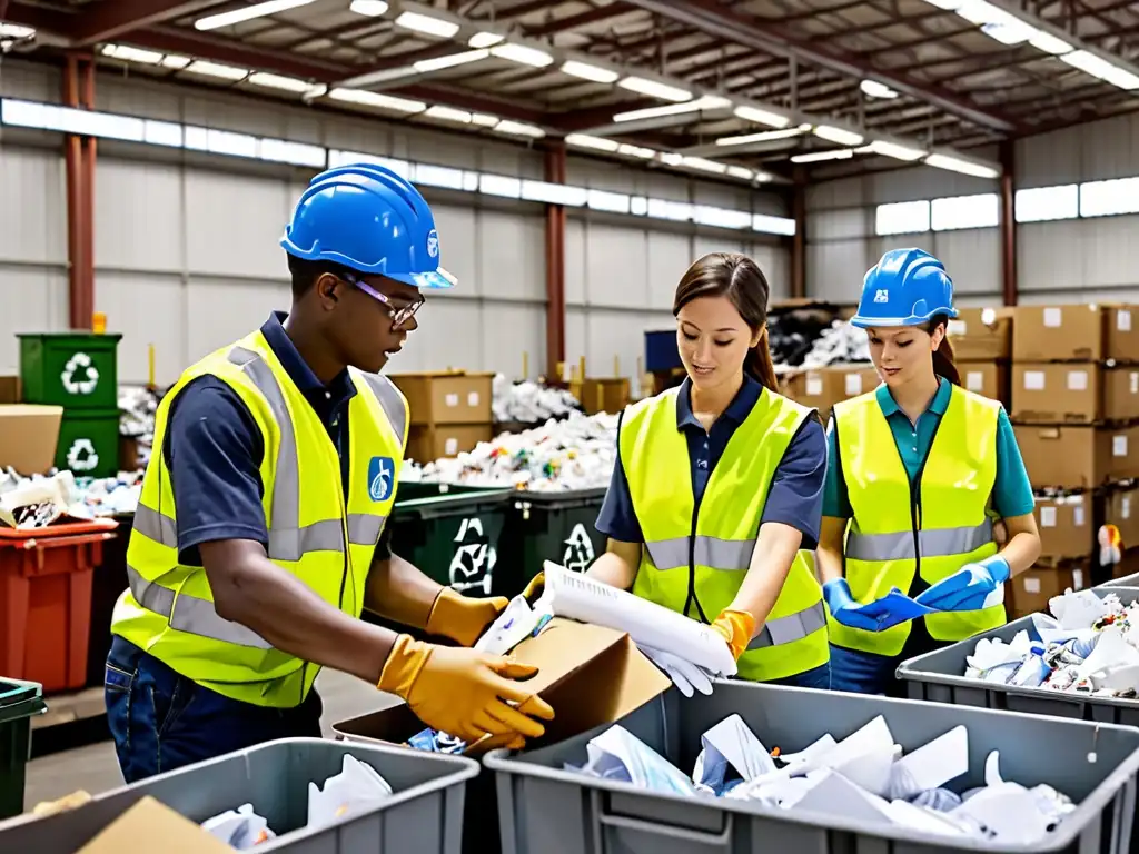 Un equipo de empleados separa materiales reciclables en un centro de reciclaje, siguiendo normativas de reciclaje en empresa