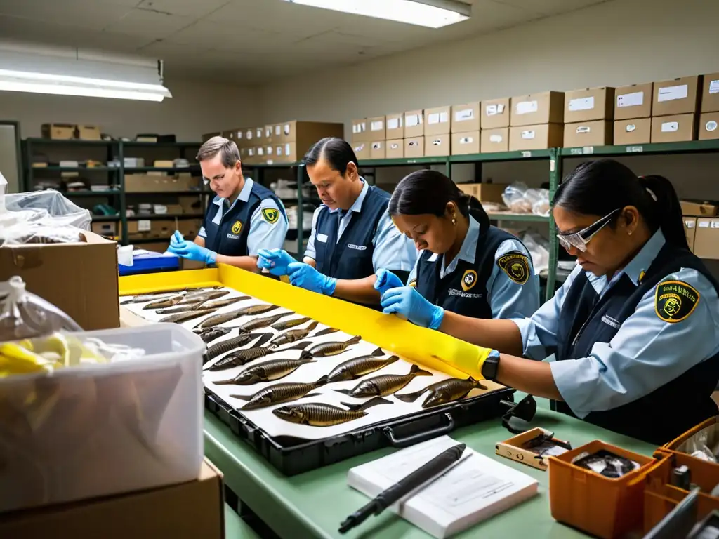 Equipo de expertos en procesos legales para cadena de custodia en tráfico de especies, documentando minuciosamente especímenes confiscados en laboratorio forense