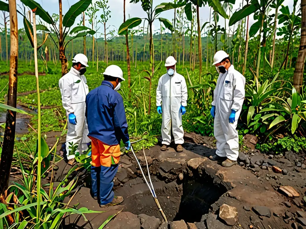 Equipo evaluando impacto ambiental en zona de desastre, destacando la importancia de regulaciones ambientales para empresas en zonas vulnerables