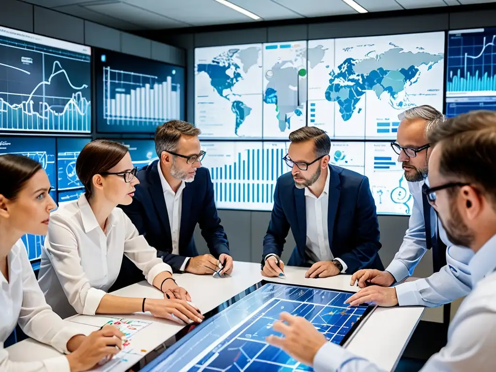 Un equipo de ingenieros y expertos en energía analizan planos y diagramas técnicos en una sala de control moderna y bien iluminada