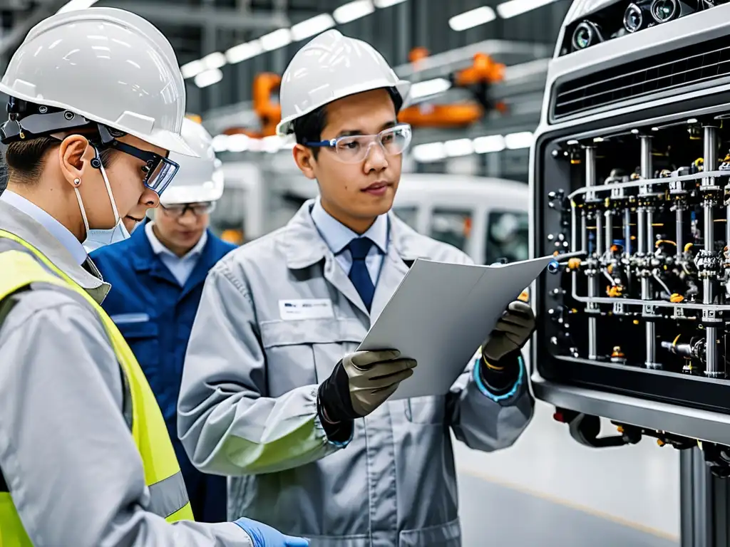 Un equipo de ingenieros en una fábrica automotriz moderna, inspeccionando sistemas de control de emisiones