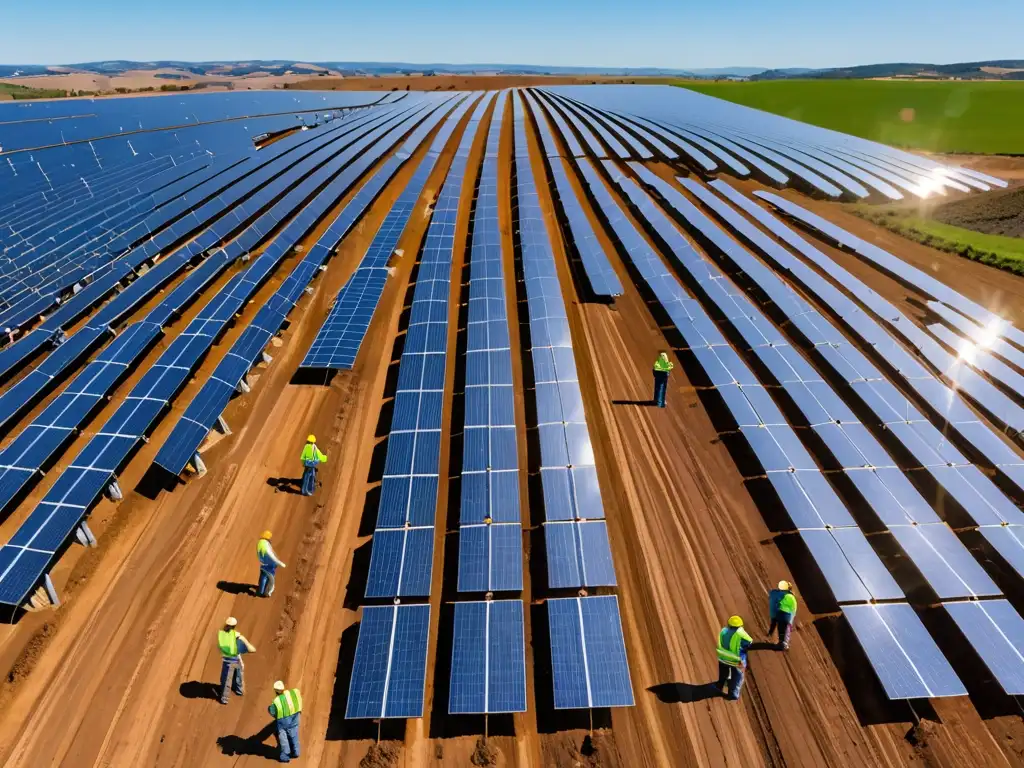 Un equipo de ingenieros y trabajadores inspeccionan un extenso parque solar, resaltando la cooperación internacional en energía renovable