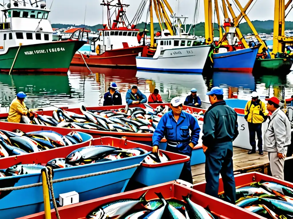 Un equipo de inspectores examina minuciosamente los barcos pesqueros en un puerto bullicioso, mostrando el cumplimiento de la legislación pesquera y acuícola en Estados Unidos