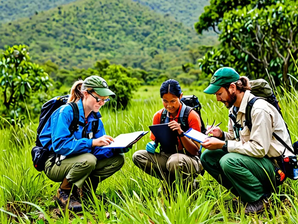 Un equipo internacional de científicos y conservacionistas colaborando en la protección de especies amenazadas, recolectando datos e investigando la vida silvestre en su hábitat natural