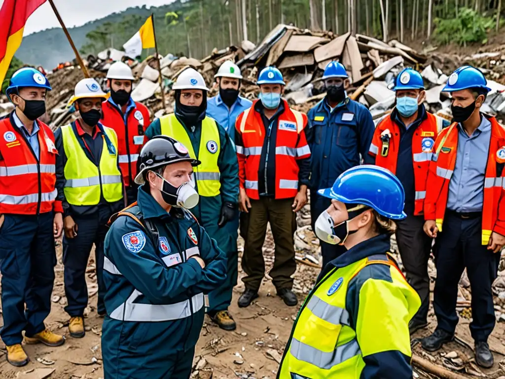 Equipo internacional gestionando desastres ambientales con profesionalismo y cooperación