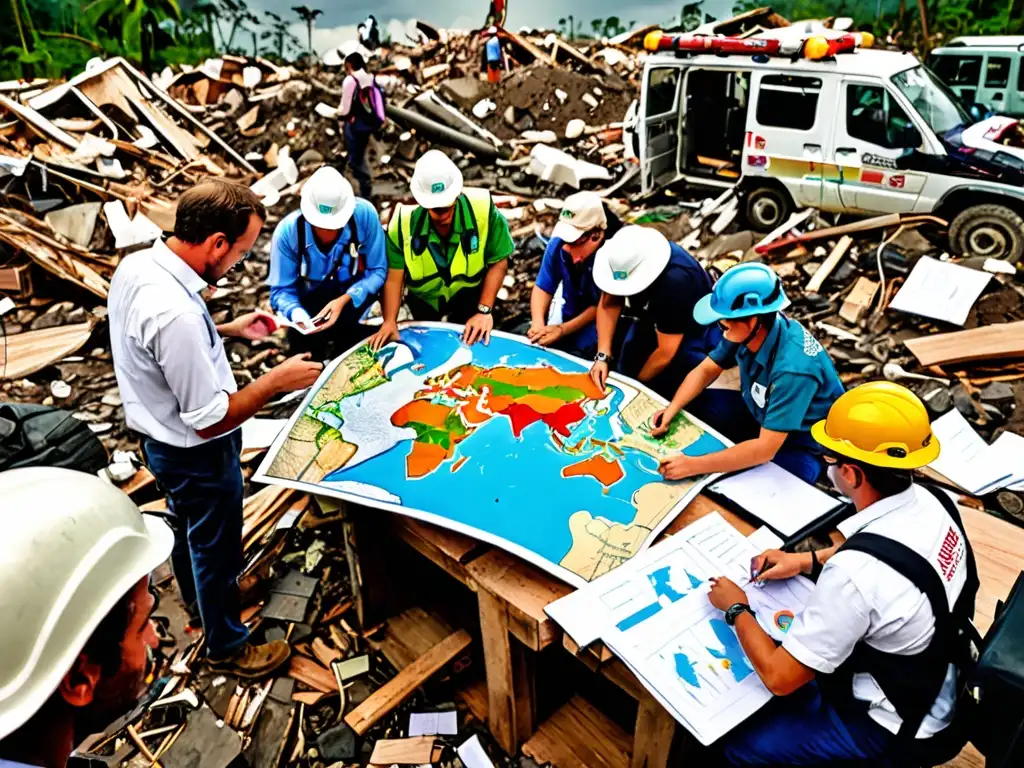 Equipo de cooperación internacional gestionando desastres ambientales, trabajando con determinación en un paisaje devastado, entre escombros y mapas